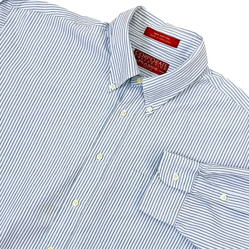 Vtg Jos A Bank Corporate Collection Dress Shirt 17.5 34 Blue Striped Cotton HK